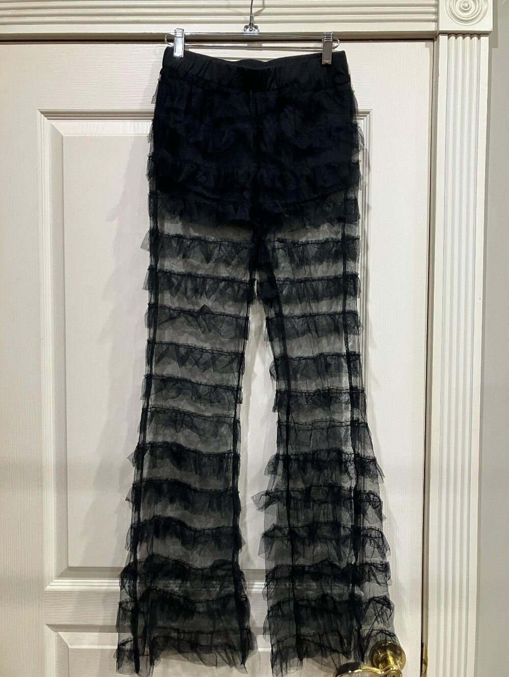 Black Sheer Layered Ruffle Flared Pants. Built In Shorts